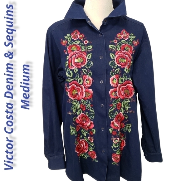 Victor Costa Occasions Medium Denim Embroidered & Sequins Snap Up Shirt EUC - Picture 1 of 11